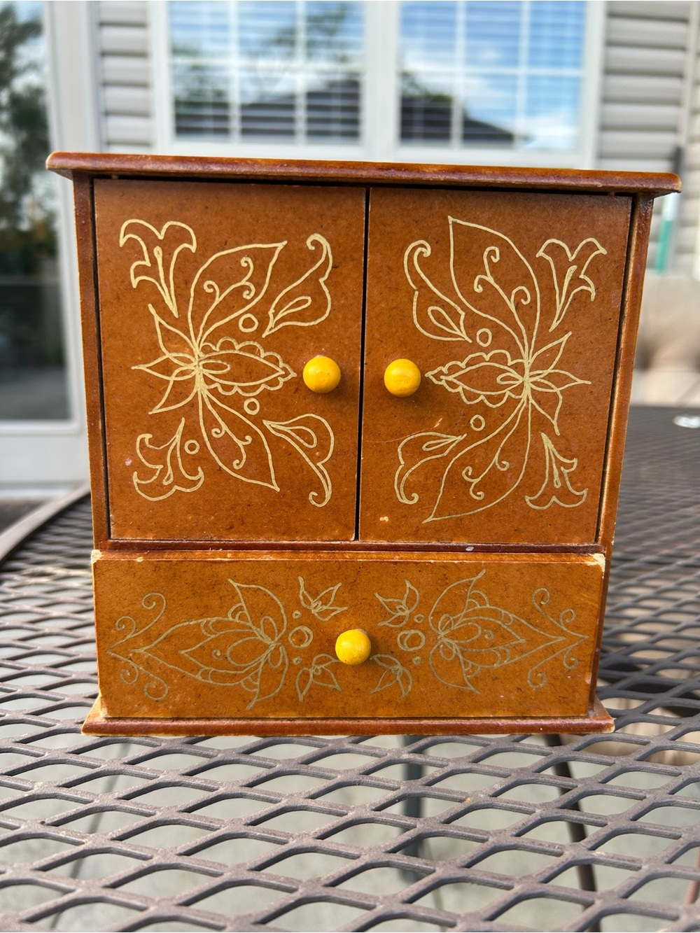 Vintage Wooden Floral Jewelry Box with Yellow Knobs